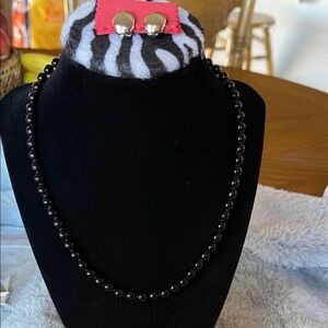 Sophisticated Black Beaded Necklace with Silver Earrings